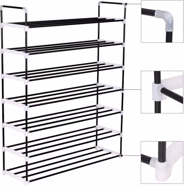 Berkfield Home 7-Shelf Freestanding Shoe Rack in Black Metal and Plastic