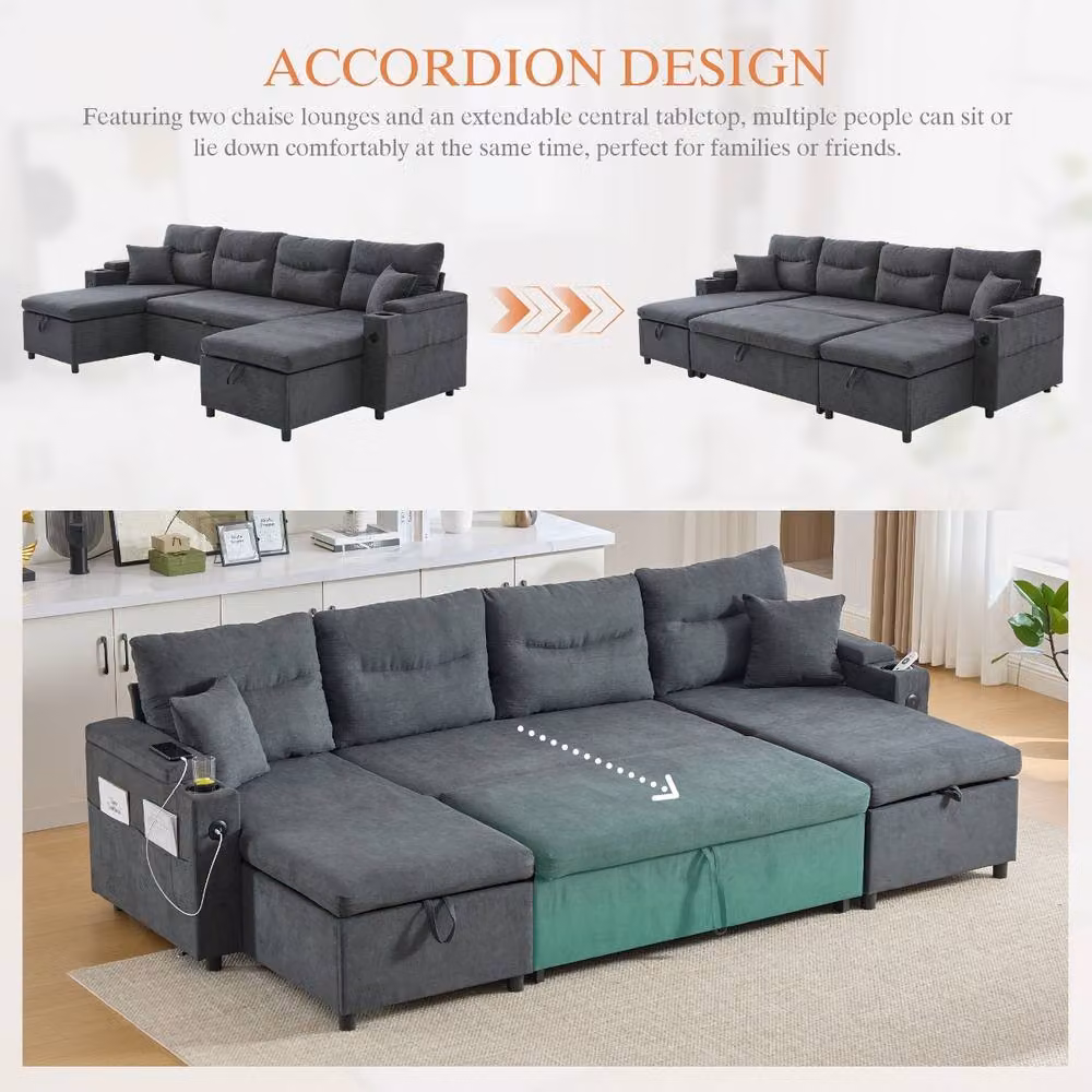 Rolipo Charcoal Grey 4-Seater Corduroy L-Shape Sofa Bed with USB Charging and Cup Holders – 3
