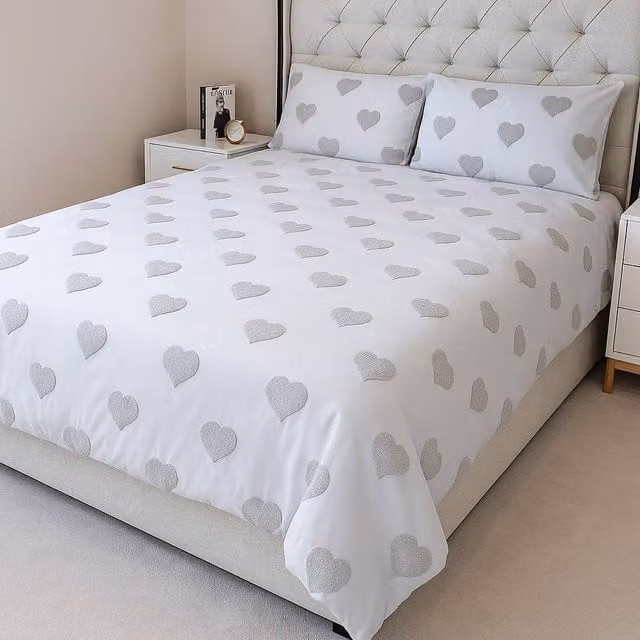 Voltico Grey Tufted Star and Heart Duvet Set with Pillowcase, Single, 90 x 200 cm