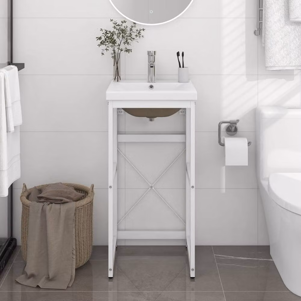 Berkfield Home Modern White Iron Bathroom Washbasin Frame with Ceramic Basin – 2