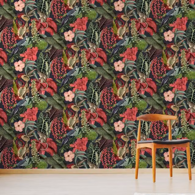 Grandeco Botanical Wildlife Jungle Textured Wallpaper in Red and Multicolour