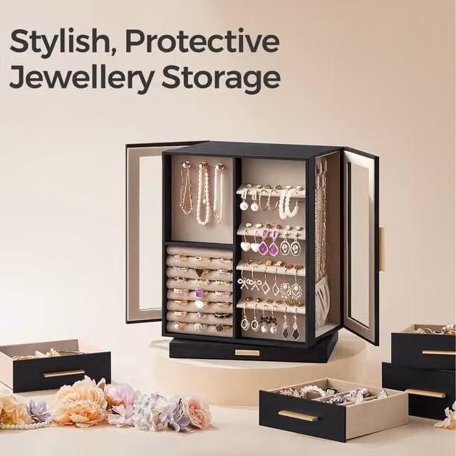 SONGMICS 5-Tier 360 Rotating Jewellery Box and Organiser, Black