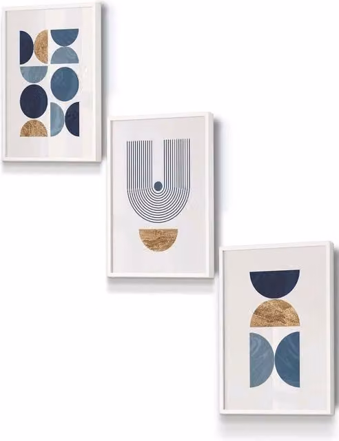 ARTZE Mid Century Geometric Abstract Framed Wall Art in Blue, Gold and White, W: 33 cm, H: 45 cm, D: 0.2 cm