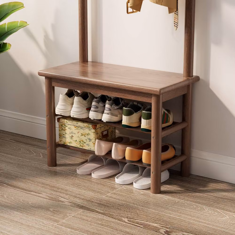 YQJJGL Stylish Solid Wood Hall Tree with Storage Shelves and Shoe Bench in Walnut, W: 60 cm, H: 170 cm, D: 30 cm – 4