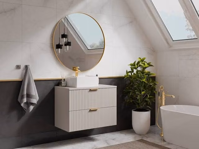 Vente-unique Suspended Striped Bathroom Vanity Unit with Square Countertop Basin in Beige