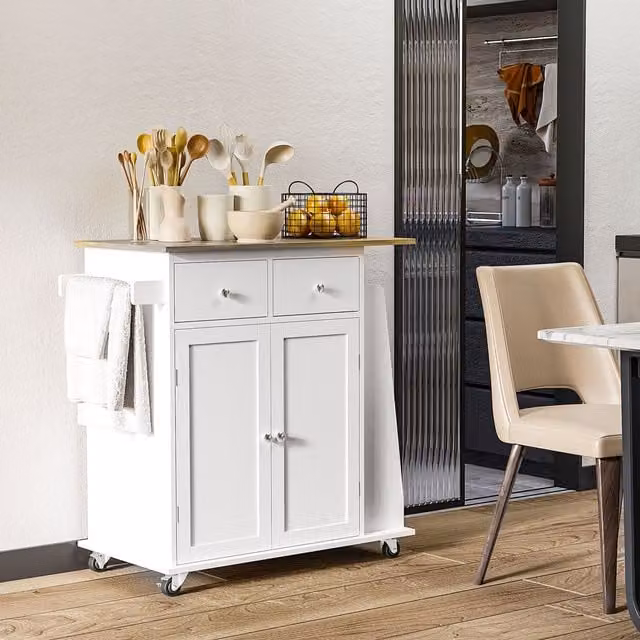 HOMCOM Rolling Kitchen Island Storage Cabinet with Rubberwood Top and Hinged Doors in White – 2