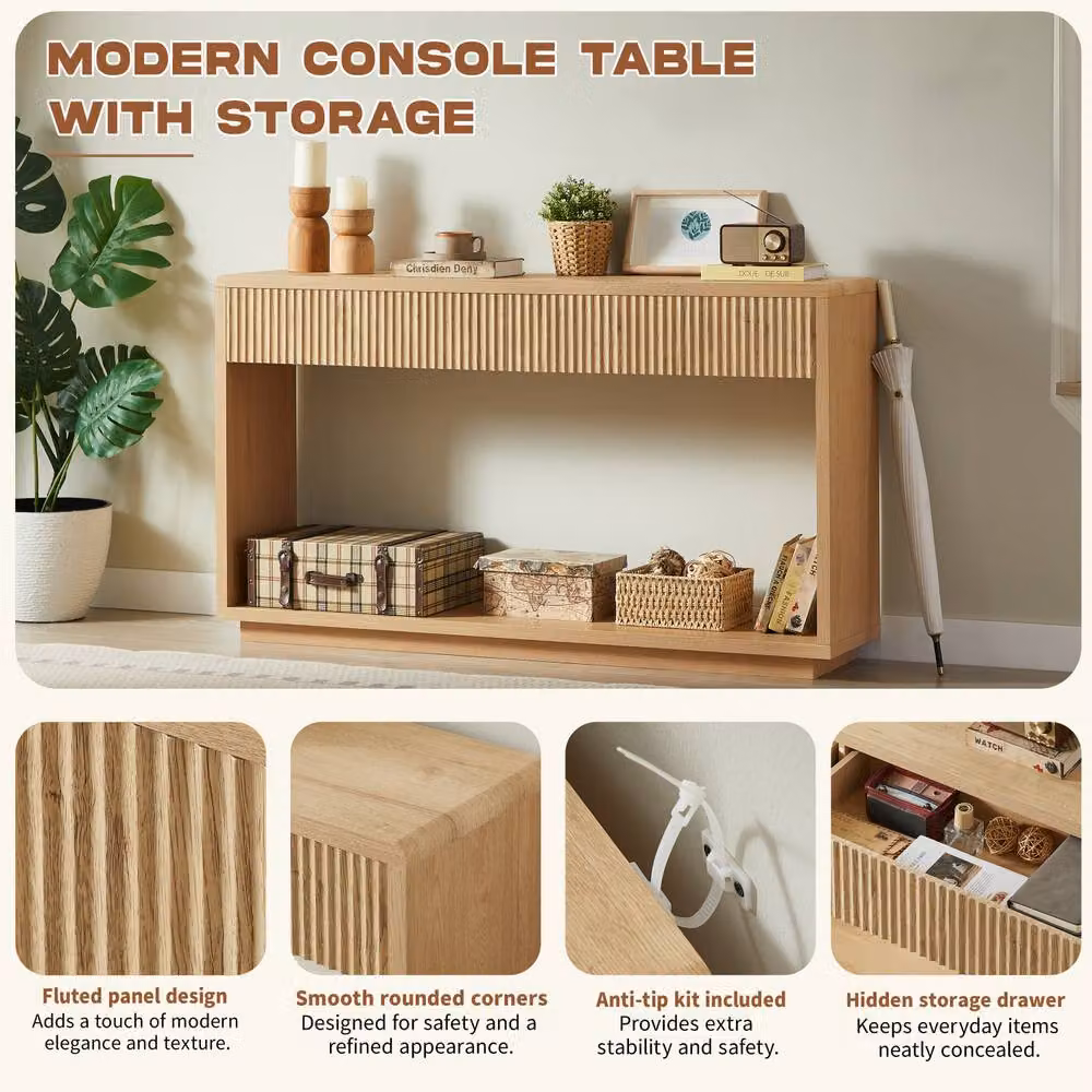Matteo Modern Hall Storage Cabinet in Oak Effect with Fluted Detail and Open Shelving in Brown and Beige – 3