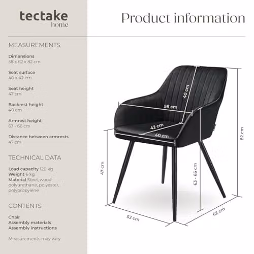 tectake Dining Chair with Quilted Velvet-Look Cover and Armrests in Black – 3