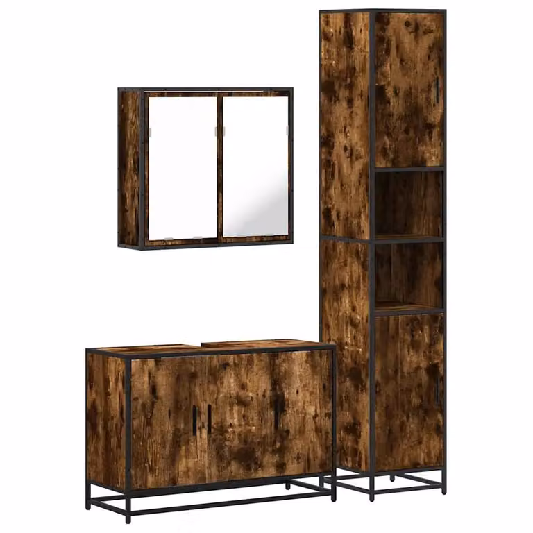 Berkfield Home 3 Piece Industrial Bathroom Furniture Set in Smoked Oak Brown, including Vanity Unit, Mirror Cabinet and Wall Cabinet