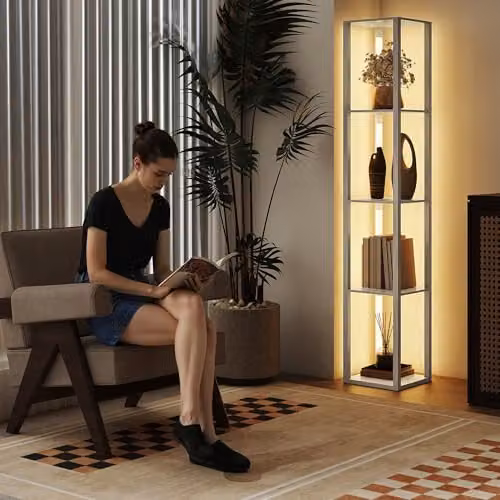 HOMCOM Dimmable LED Floor Lamp with Foot Switch in White and Wood Finish – 6