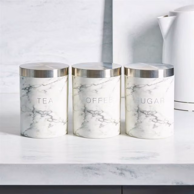 OHS White Marble Tea, Coffee and Sugar Jar Set with Airtight Stainless Steel Lids