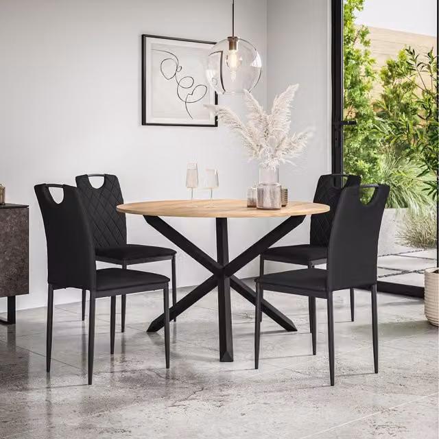 More4Homes Malvern Round Oak Effect Dining Table Set with 4 Monza Chairs in Black
