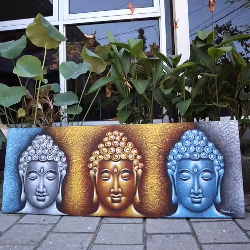 Beespoke Gifts Three Heads Buddha Painting with Gold Detail in Gold and Multicolour – 2