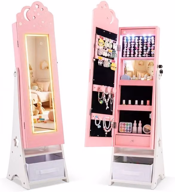 Costway Kids Jewelry Cabinet with LED Lighting and Full-Length Mirror in Pink