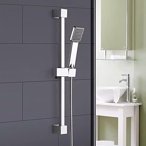 Nes Home Square Chrome Plated Slider Rail Kit with Single Mode Handset in Metallic Silver – 1