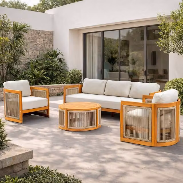 MIMO Outdoor Solid Wood Acacia Rope Garden Furniture Set with 3-Seater Sofa, 2-Seater Sofa, Coffee Table and Cushions in Brown and Beige