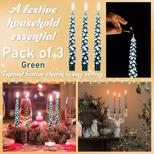 Deco Express Christmas Tree Dinner Candle Set in Green and White – 3