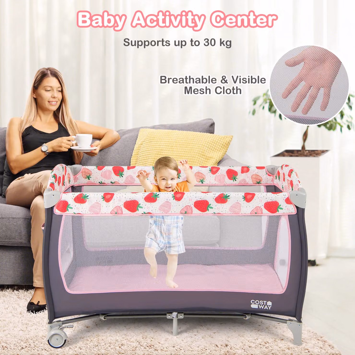 Gymax 4 in 1 Folding Infant Nursery Center Playard with Toy Bar in Pink – 2