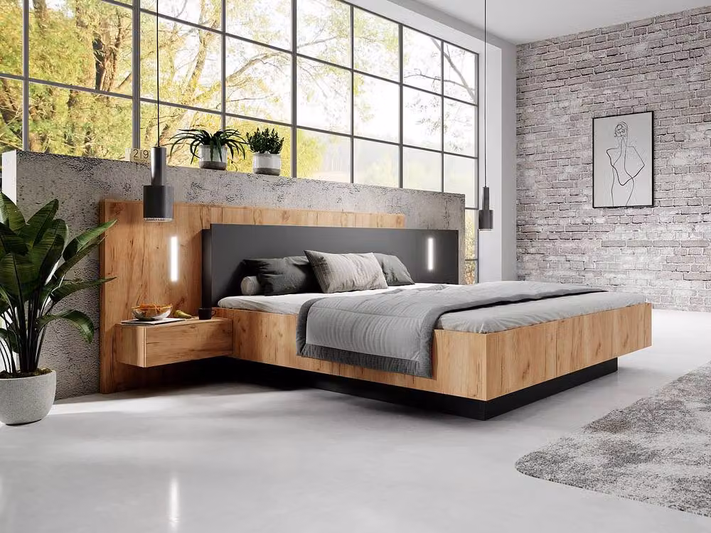 Vente-unique Grey Double Ottoman Bed with Bedside Tables, 2 Drawers and LED Under-bed Lighting, W/D/H: 140 x 190 cm – 3