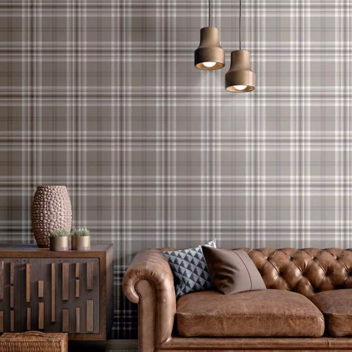Muriva Catherine Lansfield Kelso Checked Wallpaper in Medium Beige – 2