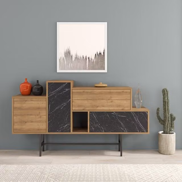 Decortie Hermes Modern Sideboard with 4 Doors and 2 Drawers in Black and Brown with Metal Legs