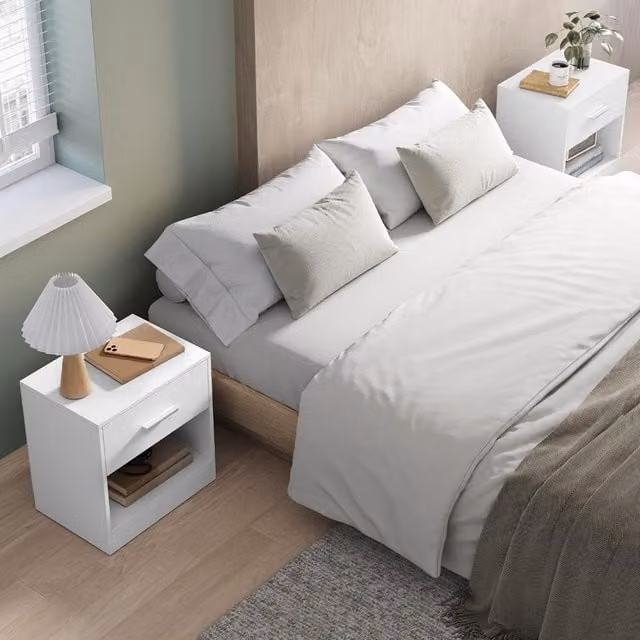 VASAGLE Set of 2 White Minimalist Bedside Tables with Drawer and Open Compartment