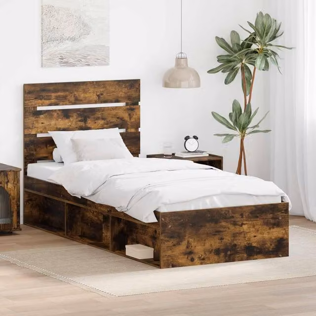 Berkfield Home Modern Bed Frame with Headboard in Smoked Oak and Brown Solid Pine Wood, W/D/H: 90 x 200 cm
