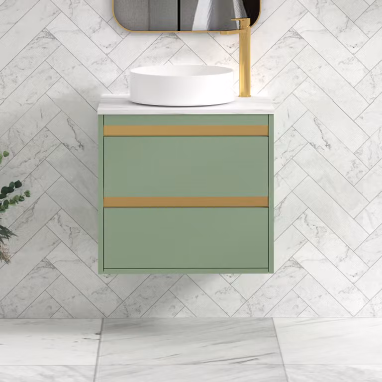 Royal Bathrooms Orion 800mm Mint Sage Wall Hung Countertop Vanity Unit with 2 Drawers, Art Basin and Brushed Brass Accent Trim
