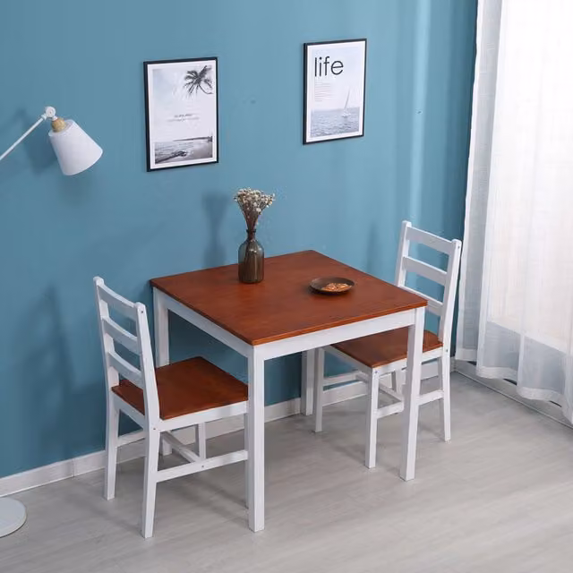 Westwood Modern Square Pine Wood Dining Table and 2 Chairs Set in Brown