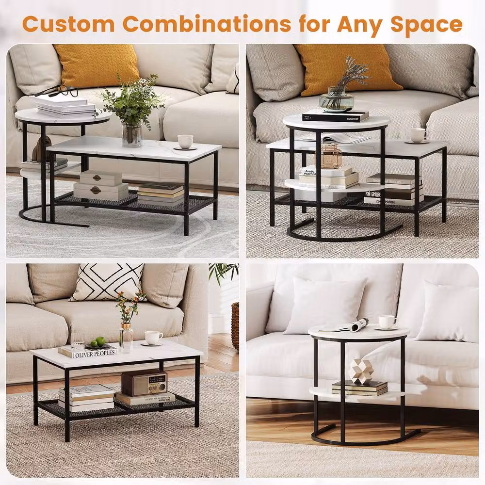 Gymax Set of 2 Nesting Coffee Tables with White Faux Marble Tops and Metal Legs – 3