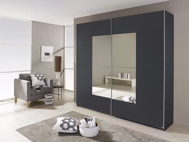 Rauch Kira Large Double Wardrobe with Sliding Mirrored Doors in Anthracite, W/D/H: 175 x 59 x 210 cm