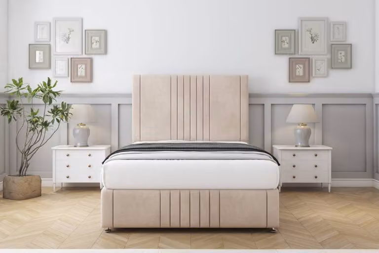 Sloomy Harrington Naples Divan Set with 26 inch Headboard and Footboard in Light Sand, King Size, W/D/H: 180 x 200 cm