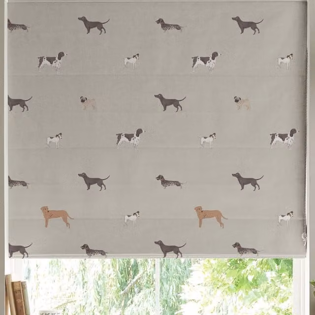 Sophie Allport Woof Made to Measure Roman Blind in Beige and Grey Linen with Blackout Feature