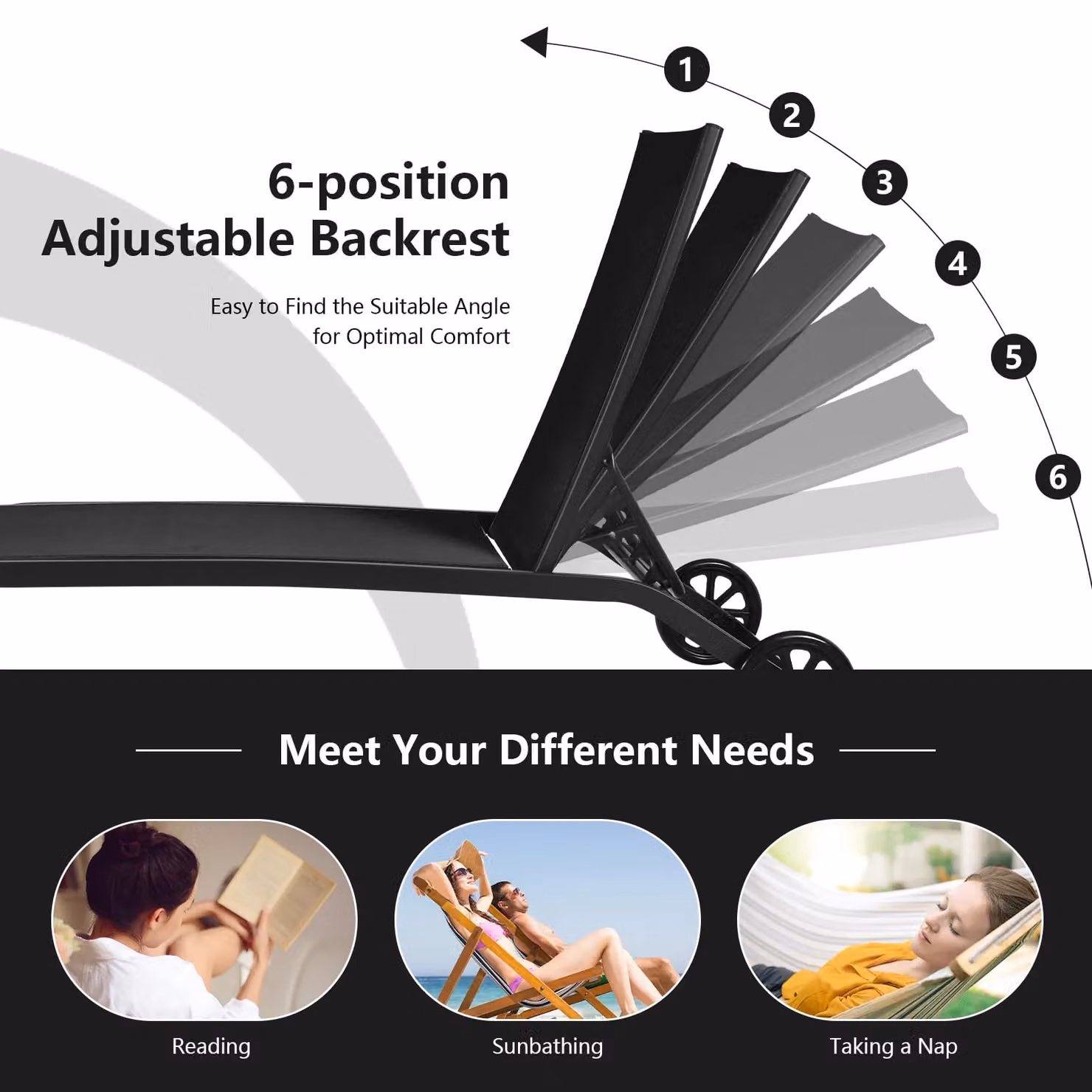 Costway Black Textilene Sun Lounger with 6-Level Adjustable Headrest and Castors – 5
