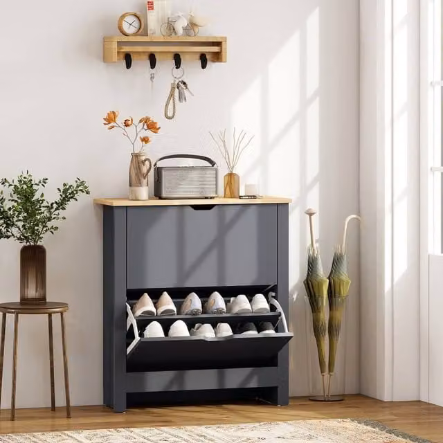 HOMCOM Modern Grey Shoe Storage Cabinet with Tilting Compartments and Internal Shelves