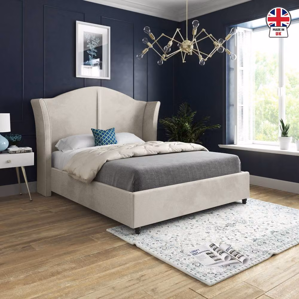 KDMD Wiggonholt Curved Winged Upholstered Bed Frame in Beige Soft Velvet, Size: Double (140 x 200 cm) – 3