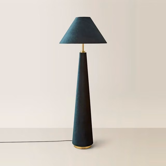 ValueLights Martha Conical Velvet Midi Floor Lamp in Blue and Gold/Brass