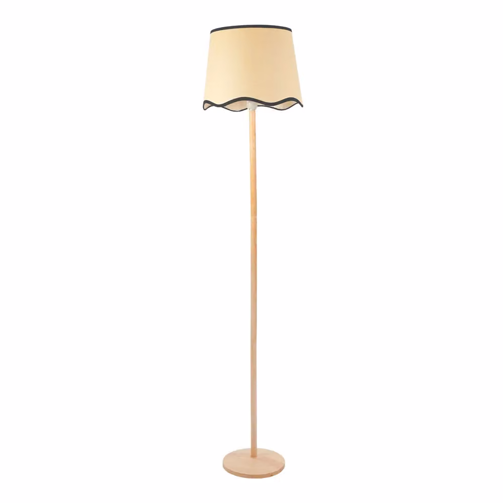 ValueLights Triston Natural Wood Floor Lamp with Black Scallop Trim Fabric Shade and LED Bulb – 2