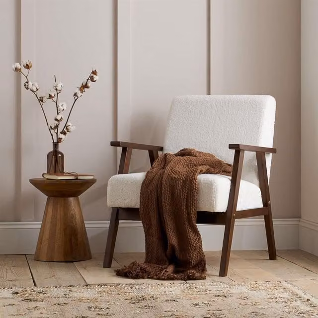 Birlea Ellwood White Bouclé Fabric Accent Armchair with Solid Wood Frame