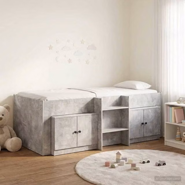 Berkfield Home Loft Bed Frame with Cabinet in Concrete Grey Engineered Wood