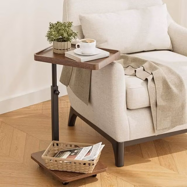 Huhote Height Adjustable C Shaped Swivel End Side Table with Castors in Brown