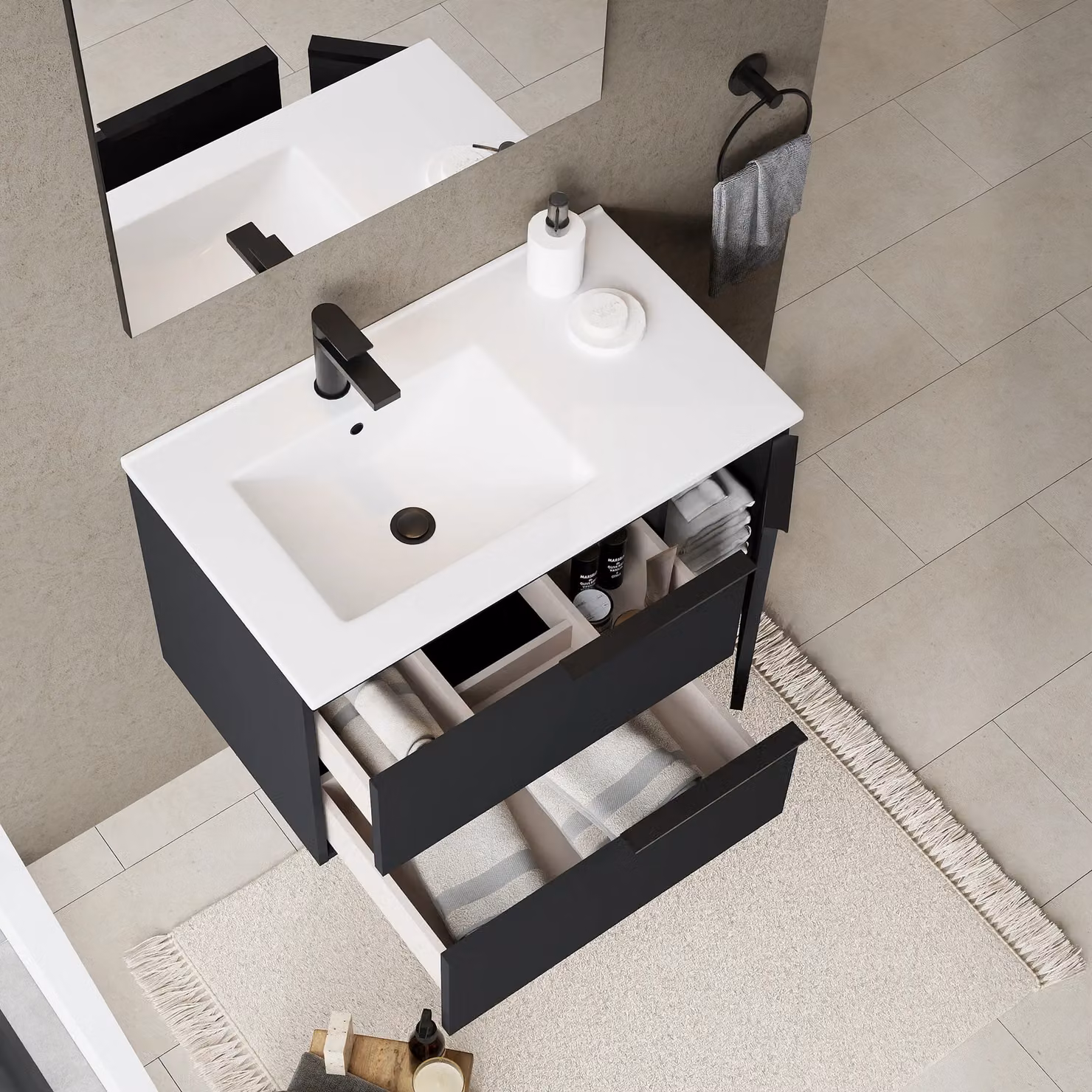 Banyetti Celtic Duo Matt Black Wall Hung Vanity Unit with Door and Basin W: 80 cm, D: 45 cm, H: 48 cm – 4