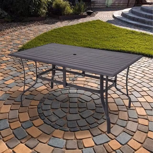 Livingandhome Modern Rectangular Metal Slatted Garden Table with Parasol Hole in Matt Anthracite Grey