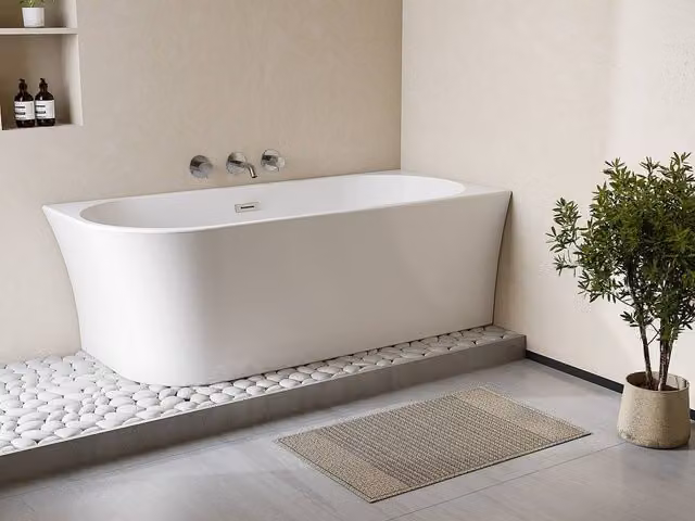 Vente-unique White Acrylic Corner Bathtub with Right Angle, W/D/H: 150 x 75 x 59 cm – 1
