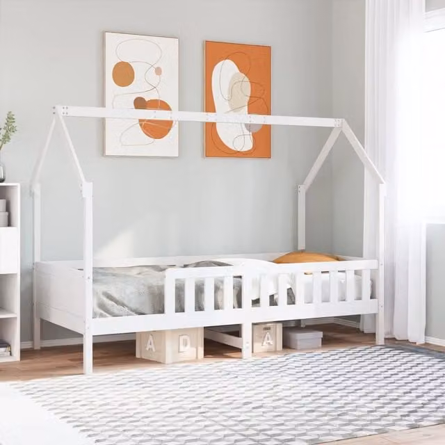 Berkfield Home Kids House Bed Frame in White Solid Pine, W/D/H: 90 x 200 cm