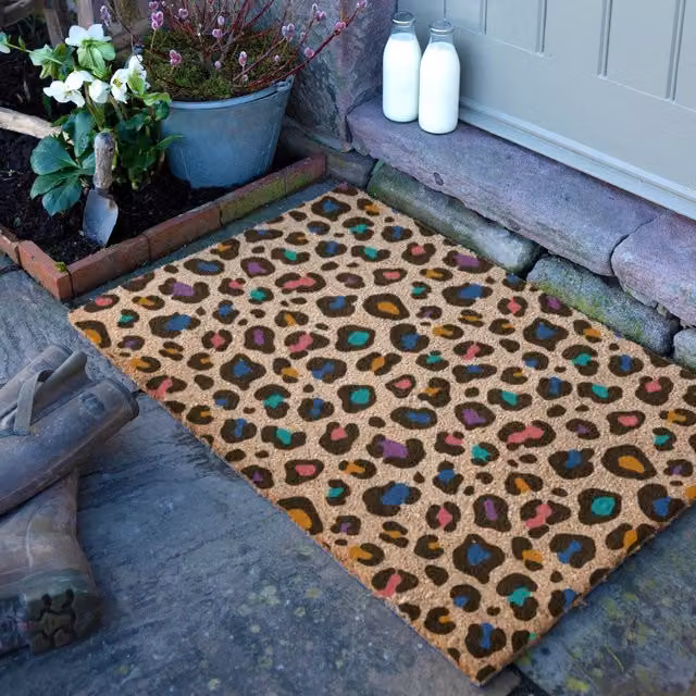 Artsy Mats Multi Colour Leopard Print Doormat in Brown, W: 90 cm, D: 60 cm