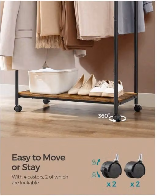 SONGMICS Portable Metal Clothes Rail with Storage Shelf in Black