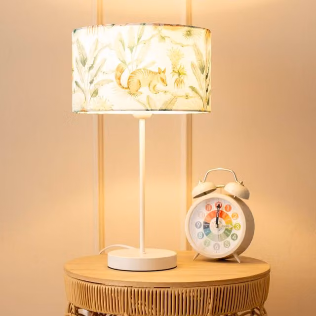 ValueLights Charlie White Metal Single Stem Table Lamp with Multicolour Kids Jungle Fabric Drum Shade