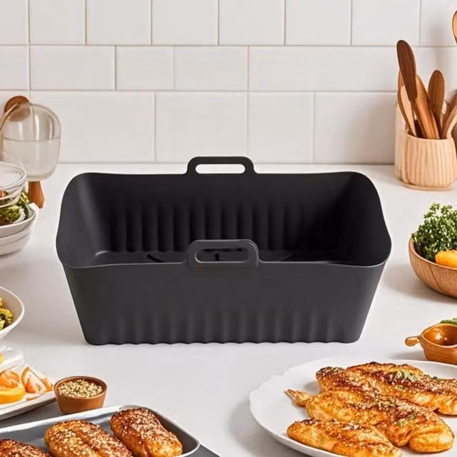 Home Source Set of 2 Non Stick Reusable Rectangular Silicone Air Fryer Liners - Black