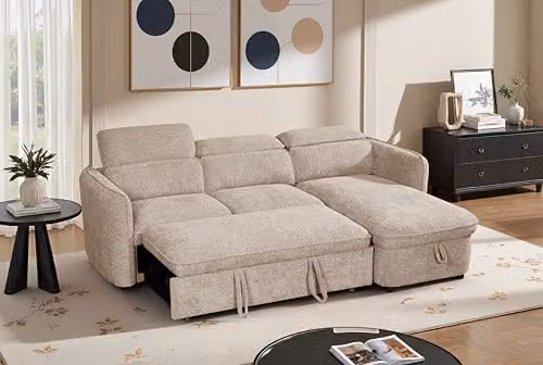 Beehive Furniture Corfu Reversible L-Shape Corner Sofa Bed in Beige Fabric with Adjustable Headrest and Pull Out Drawer – 3